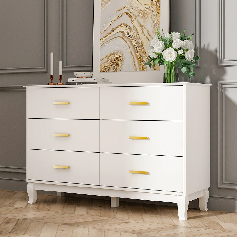 6 Drawer 47.2”W Double Dresser Solid Wood Legs Lacquer Chest